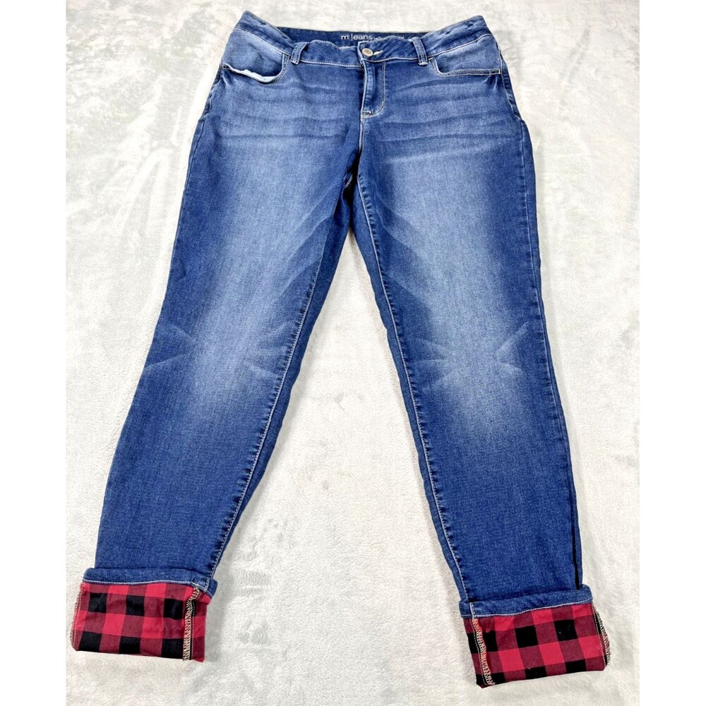 M Jeans by Maurices Women's Large Mid Rise Jeans Blue Denim Flannel Cuff